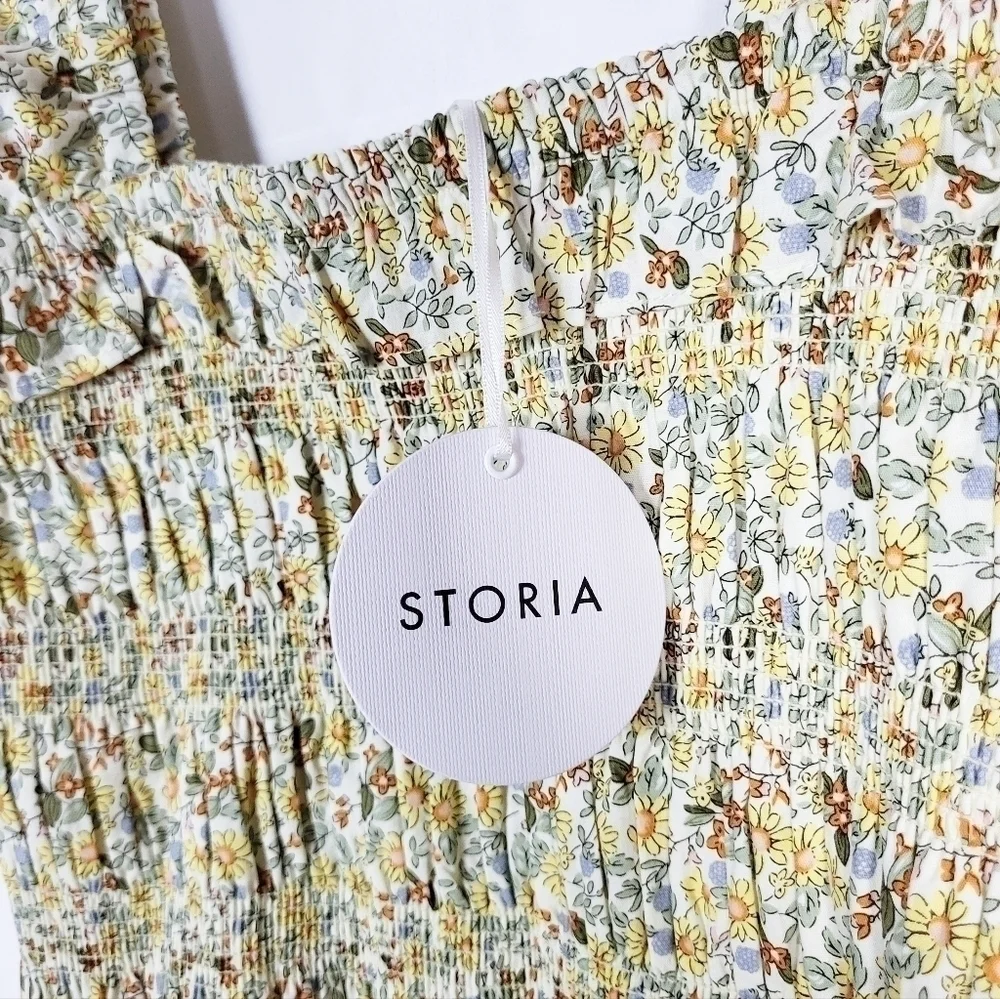STORIA smocked floral ruffle mini dress yellow NWT